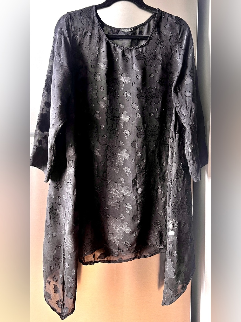 GRIZAS Black Silk Floral Burnout Sheer Asymmetric Lagenlook Tunic Dress S